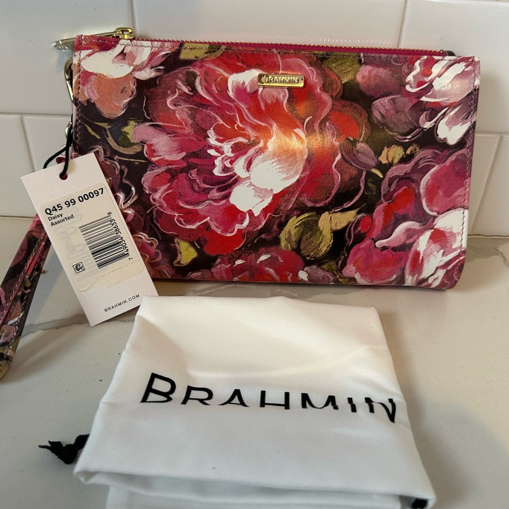 Brahmin  Daisy Pink Floral Wristlet Clutch genuine leather